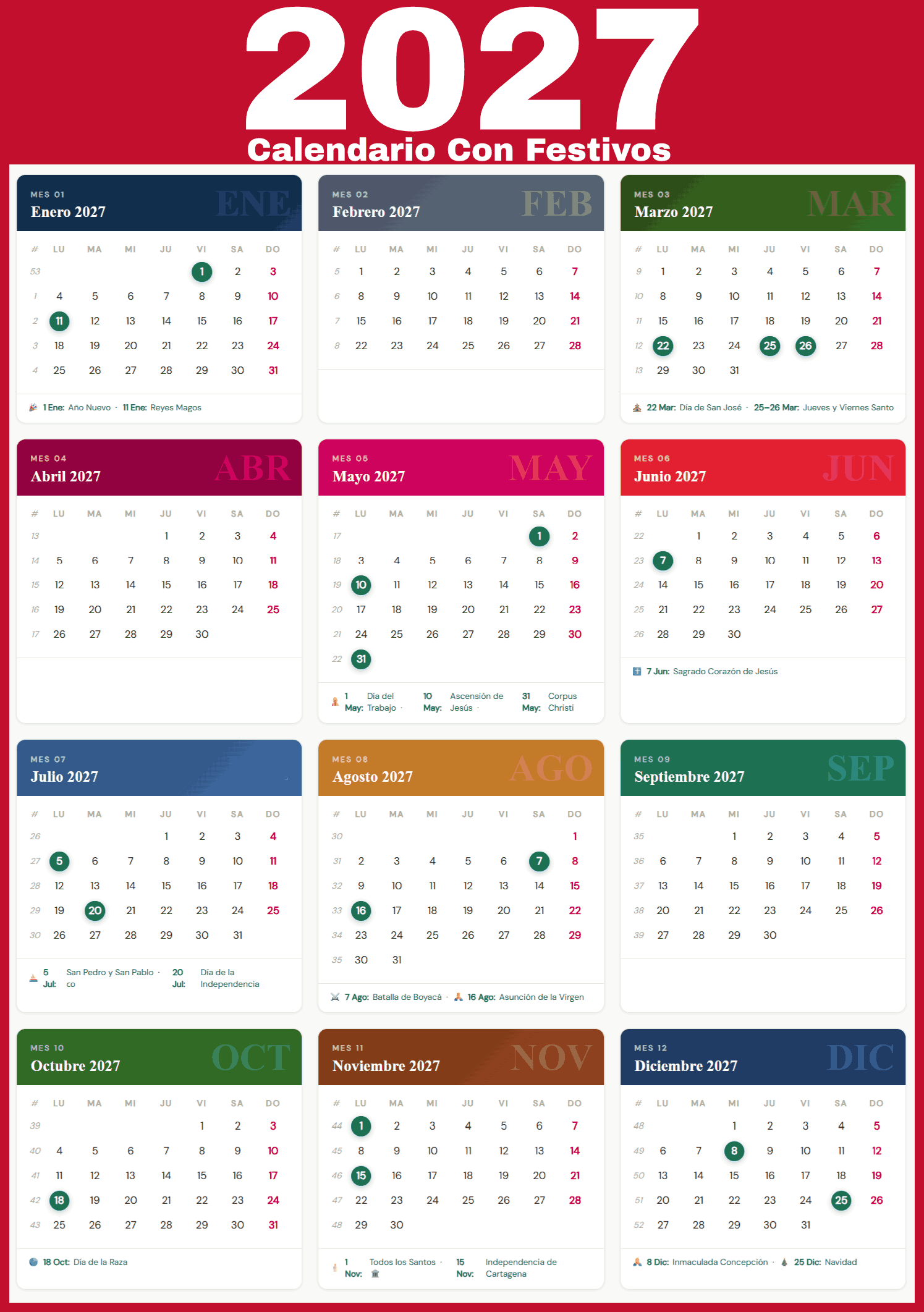 Calendario 2027 Colombia Con Festivos