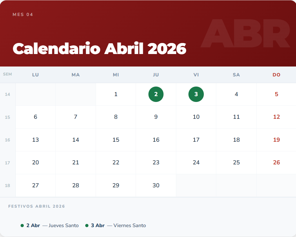 calendario abril 2026