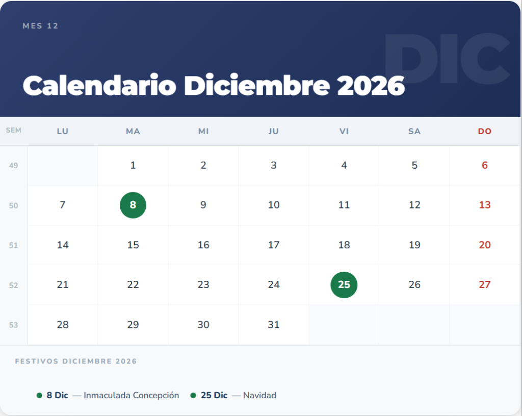 Calendario Diciembre 2026