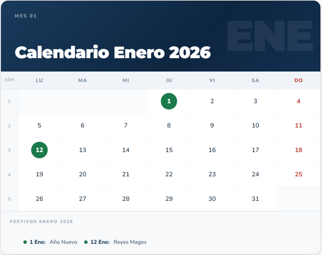 calendario enero 2026