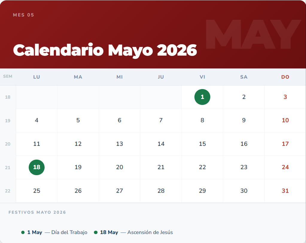 calendario mayo 2026 1 calendario mayo 2026