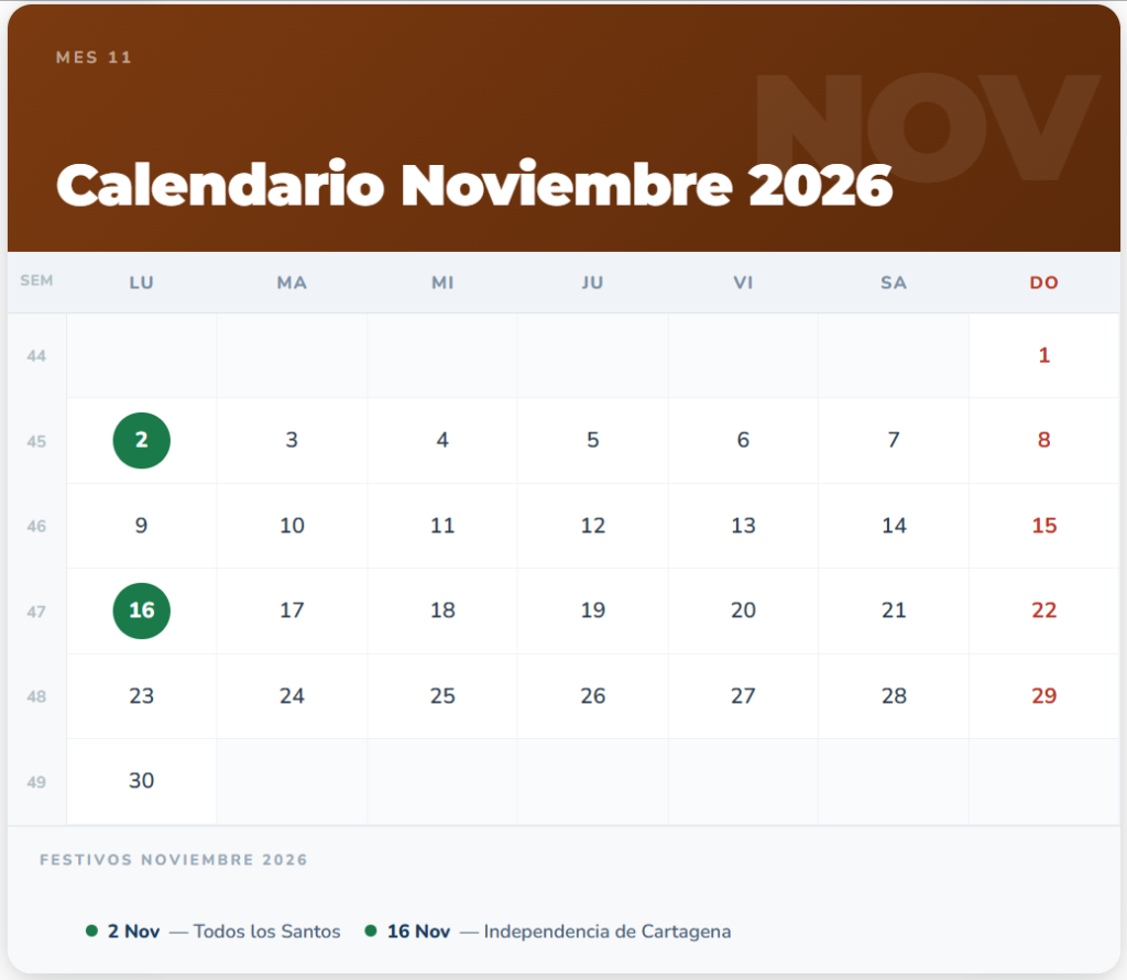 calendario Noviembre 2026 1 Calendario Noviembre 2026