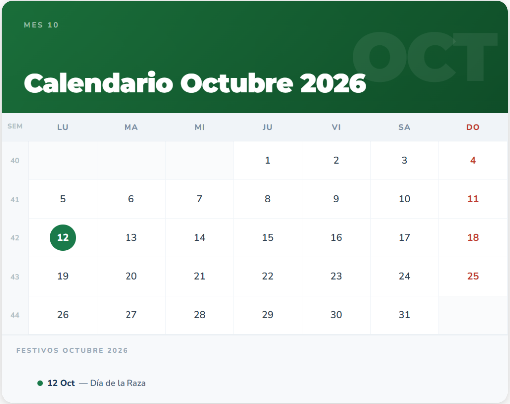Calendario Octubre 2026